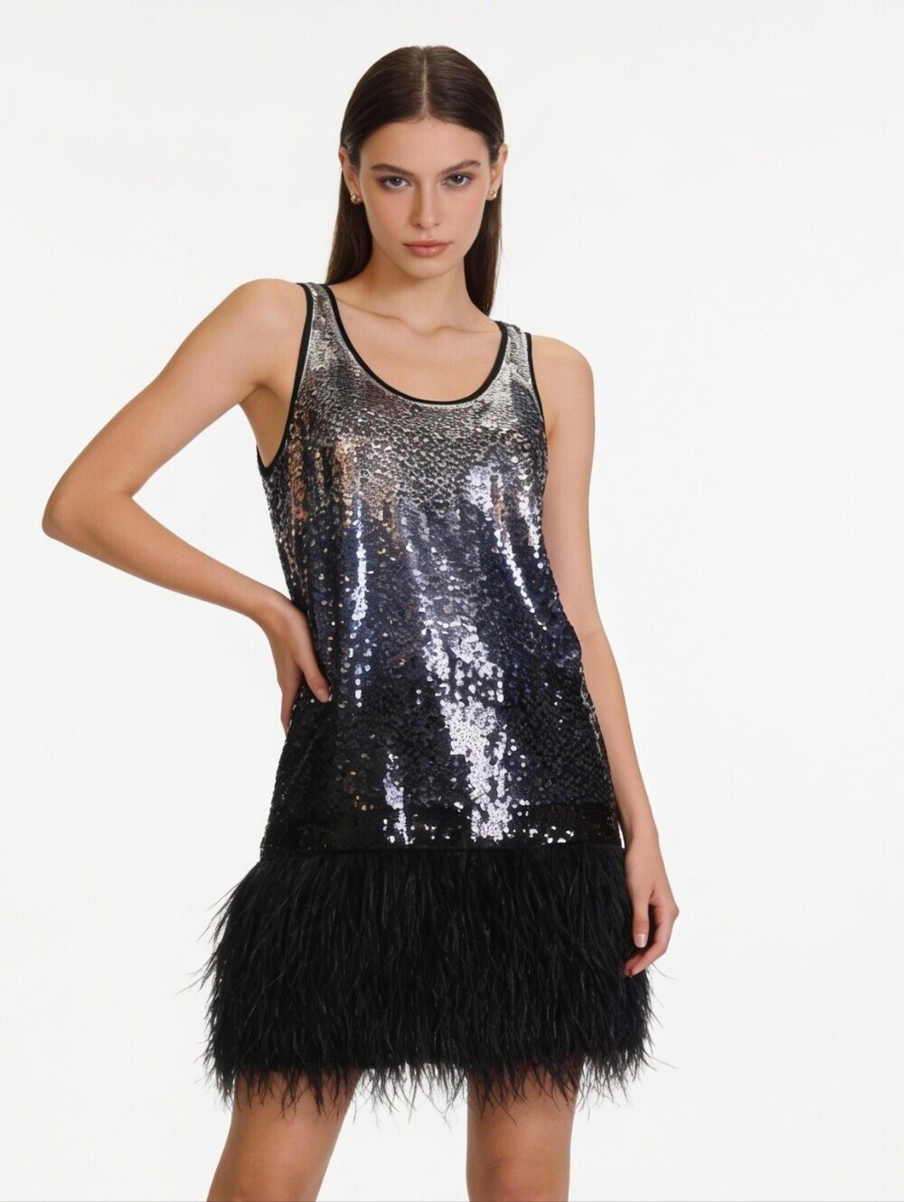 NWT MICHAEL Michael Kors Ombré Sequin Feather Hem Dress Size Small
